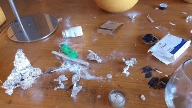 Images of what appear to show drugs and alcohol were taken inside the singer’s hotel room. Images: News.com.au