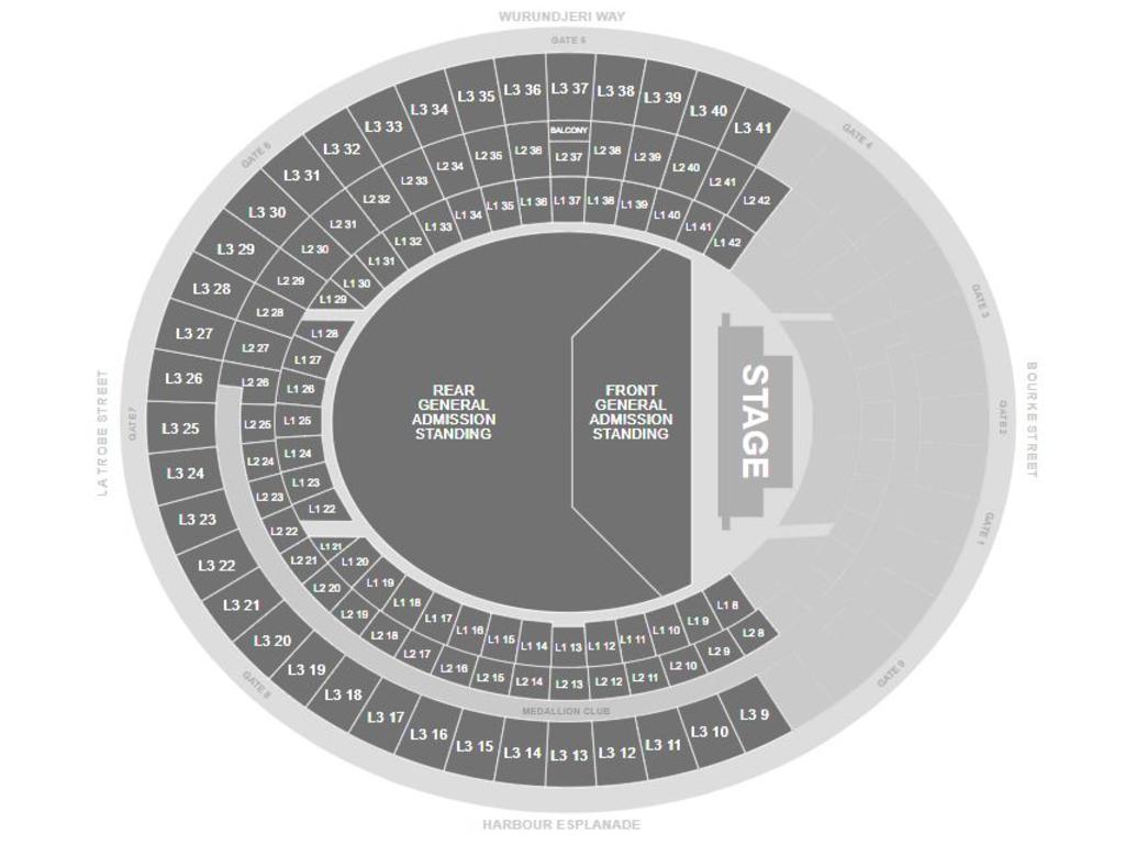 Marvel Stadium seating map for Oasis' Melbourne shows.