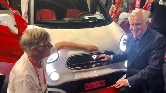 Australian Clean Energy Electric Vehicle Group managing director Greg McGarvie with former Liberals leader John Hewson unveiling the ACE Cargo Van in Sydney.