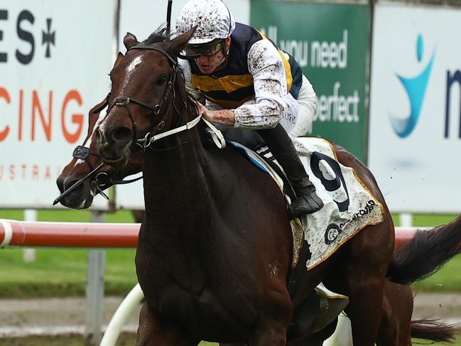 NEWCASTLE, AUSTRALIA - MAY 11: Chad Schofield riding Hezashocka wins Race 6 Buterin L'Estrange Gosford Gold Cup during "The Coast Raceday" - Sydney Racing at Newcastle Racecourse on May 11, 2024 in Newcastle, Australia. (Photo by Jeremy Ng/Getty Images)