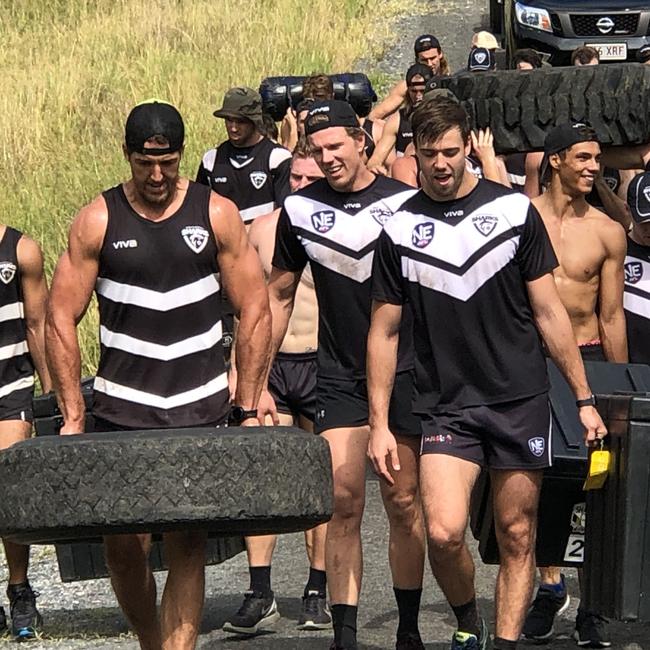 The Southport Sharks NEAFL squad pictured at a preseason training camp in Canungra. Picture credit: Southport Sharks.