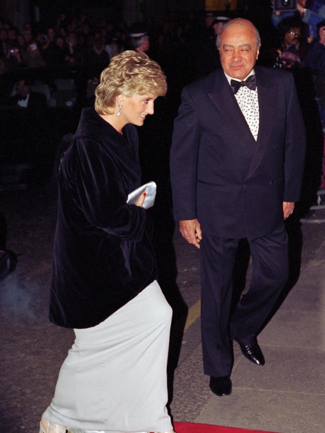 Diana and Mohamed Al-Fayed attend a charity gala dinner at Harrods. Picture: UK Press via Getty Images