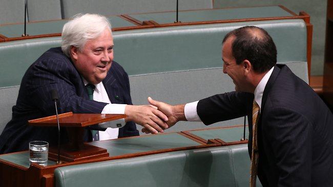 Clive Palmer is congratulated by Mal Brough