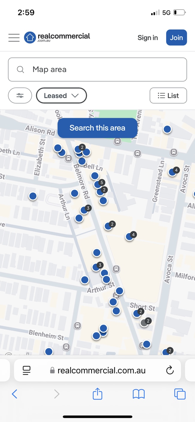 A map of for lease or recently leased commercial properties in Randwick. Picture: Realestate.com