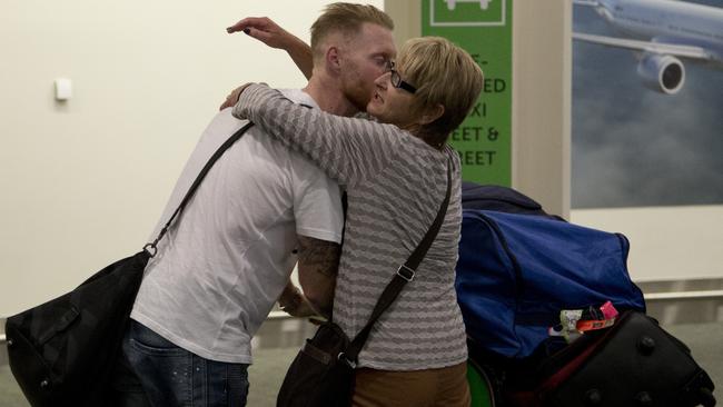 Ben Stokes gets a greeting from his mum at Christchurch airport.