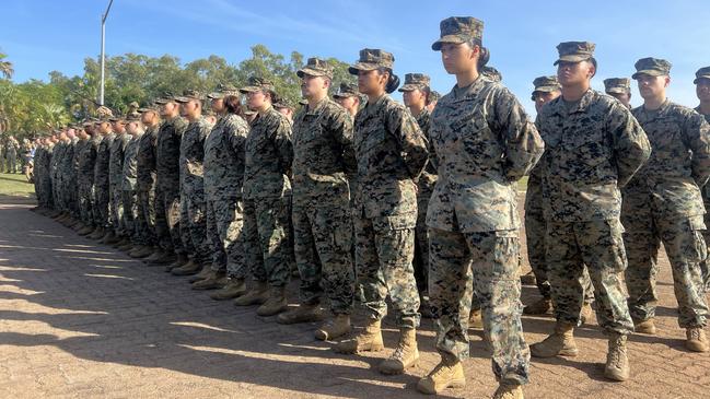 Marines from Marine Rotation Force - Darwin (MRF-D) at Darwin’s Robertson Barracks just hours before the start of Exercise Predators Run. Picture: Harry Brill.