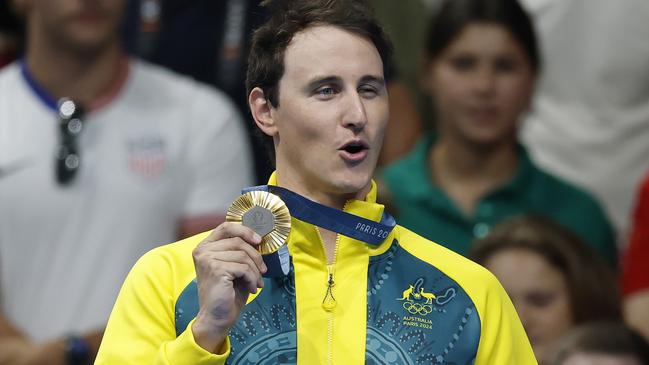 NCA. PARIS FRANCE. 2024 OLYMPIC GAMES. August 2 2024 -   Swimming.  Mens 50 mtr Freestyle final.     Australian  Cam McEvoy on the podium with his gold medal after winning the 50 mtr freestyle     . Pic: Michael Klein