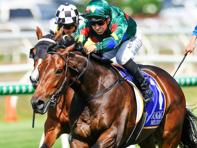 Jockey Ryan Maloney rides Alligator Blood to victory in race 5, the VO Rogue Plate, during the Metro Races at Eagle Farm in Brisbane, Saturday, December 28, 2019. (AAP Image/Albert Perez) NO ARCHIVING, EDITORIAL USE ONLY