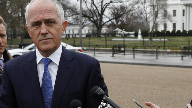 Malcolm Turnbull speaks with journalists outside the White House, in Washington. Picture: AAP.