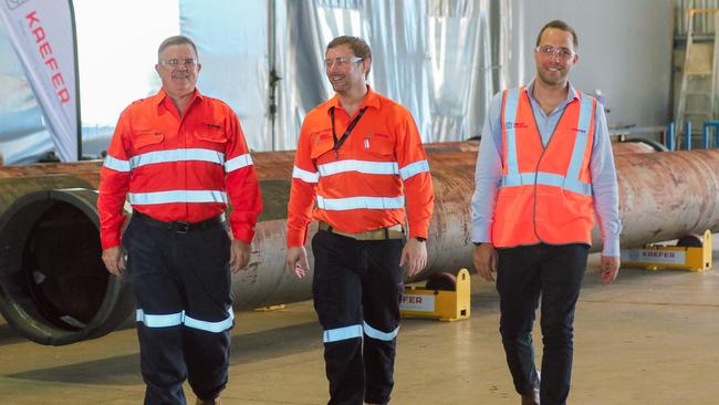 SAGE's GM Andrew Meaney, Kaefer's Tommy O'Brein and Trent Northover as Santos makes a project announcement at Kaefer's East Arm Plant Picture Glenn Campbell