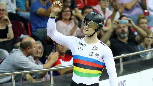 Matthew Glaetzer after winning sprint gold at the UCI track world cup in Paris on the weekend. Picture: Bryn Lennon (Getty).