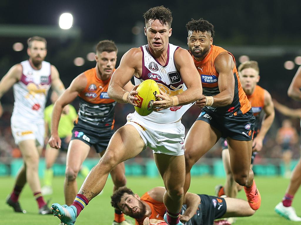 CANBERRA, AUSTRALIA - APRIL 25: Cam Rayner of the Lions in action  during the round seven AFL match between Greater Western Sydney Giants and Brisbane Lions at Manuka Oval, on April 25, 2024, in Canberra, Australia. (Photo by Mark Metcalfe/AFL Photos/via Getty Images )