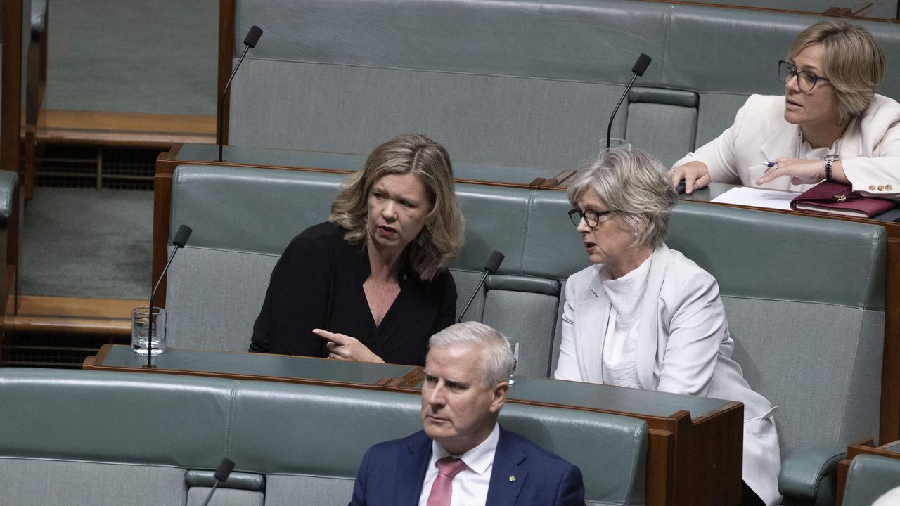 Bridget Archer spoke with independent MP Helen Haines after listening to former prime minister Scott Morrison address the motion. Picture: NCA NewsWire / Gary Ramage