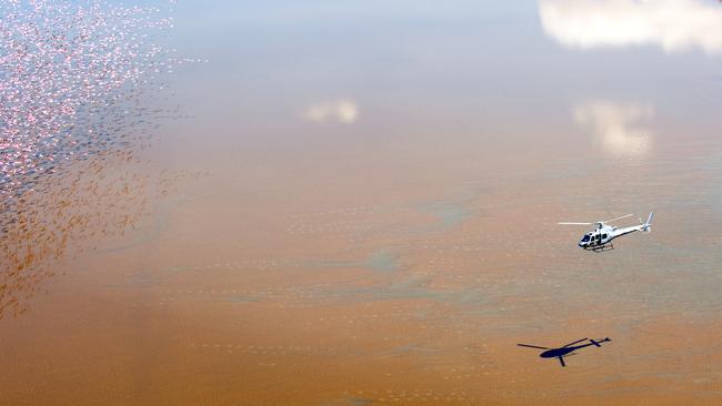 Helicopters on safari over Lake Logipi in Northern Kenya. Photo: Supplied