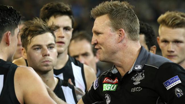 A furious Nathan Buckley speaks to his players at quarter time. Picture: Wayne Ludbey
