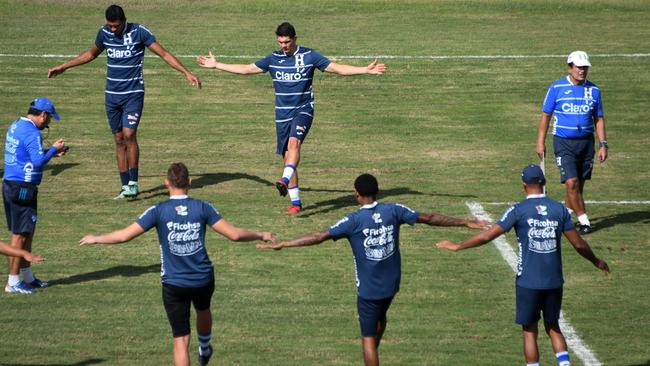 Hondurean national team footballers take part in a training session at Carlos Miranda stadium.