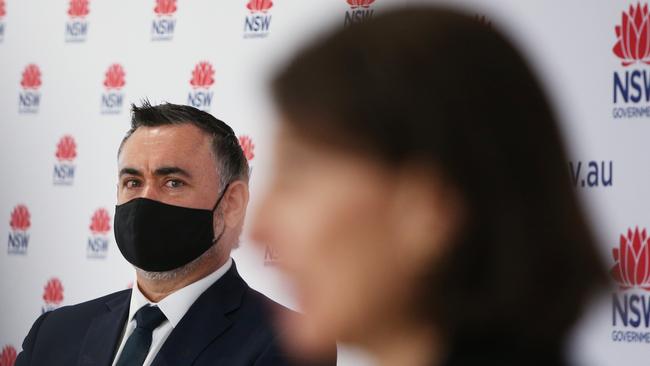 NSW Deputy Premier John Barilaro looks on as Premier Gladys Berejiklian takes questions during a COVID-19 update and press conference. (Photo by Lisa Maree Williams-Pool/Getty Images)