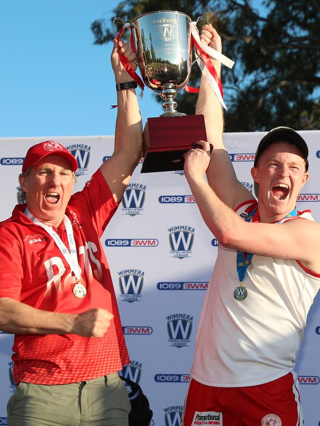 Ararat coach Matt Walder and captain Riley Taylor after beating Southern Mallee Giants in the grand final last month. Picture: Yuri Kouzmin