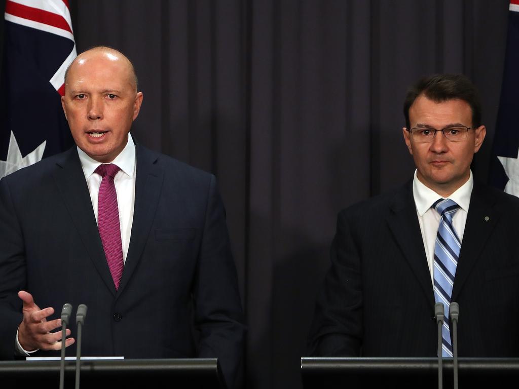 Home Affairs Minister Peter Dutton and newly-appointed AFP Commissioner Reece Kershaw. Picture: Kym Smith