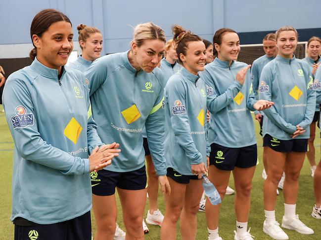 MELBOURNE, AUSTRALIA - NewsWire Photos NOVEMBER 13, 2022 :  Australian womenÃs national soccer team Captain Sam Kerr, leads the Matildas into the Elite Football Centre to surprise some young girl soccer players. Picture NCA NewsWire / Ian Currie