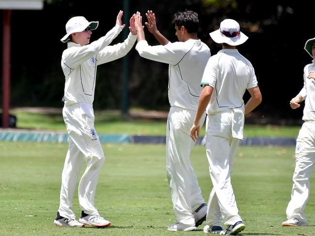 Brisbane Boys College players celebrate a wicketGPS First XI cricket match between Brisbane Boys College and Brisbane State High School. Saturday January 29, 2022. Picture, John Gass