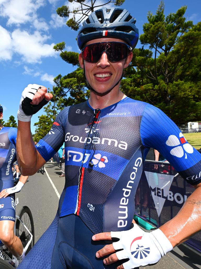 Laurence Pithie celebrates his Cadel Evans Road Race win in 2024. Picture: Tim de Waele/Getty Images