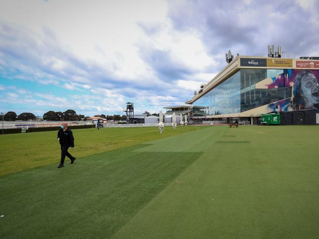 Caulfield Guineas Day entertains empty grounds and grandstands. Picture: Alex Coppel