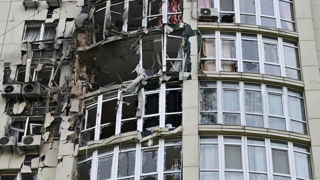 A high-rise residential building in Kyiv damaged by remains of a shot down Russian drone. Picture; AFP.