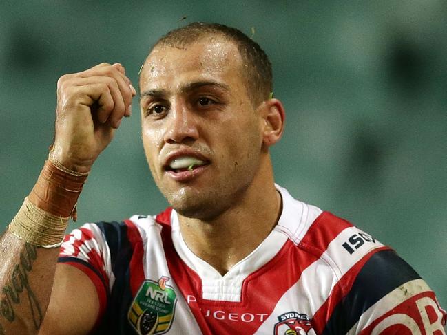 SYDNEY, AUSTRALIA - APRIL 30: Blake Ferguson of the Roosters celebrates scoring a try during the round nine NRL match between the Sydney Roosters and the Newcastle Knights at Allianz Stadium on April 30, 2016 in Sydney, Australia. (Photo by Mark Metcalfe/Getty Images)