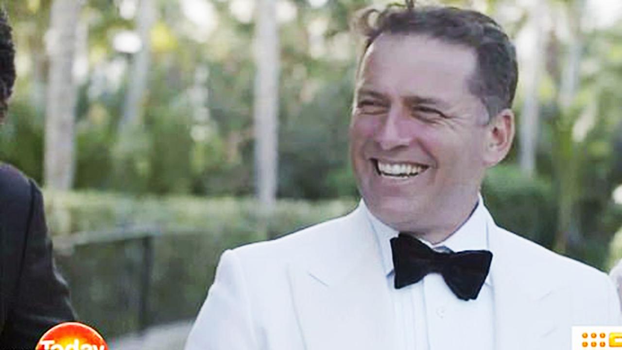 Karl Stefanovic and Jasmine Yarbrough arrived back in Australia this morning after their wedding in Mexico and honeymoon in the United States. Picture: Channel 9