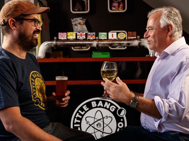 2/3/18 Beer v Wine. Ryan Davidson, director Brewing Operations at Little Bang Brewing with WINE guru Tony Love at Little Bang Brewery, Stepney. Picture MATT TURNER.