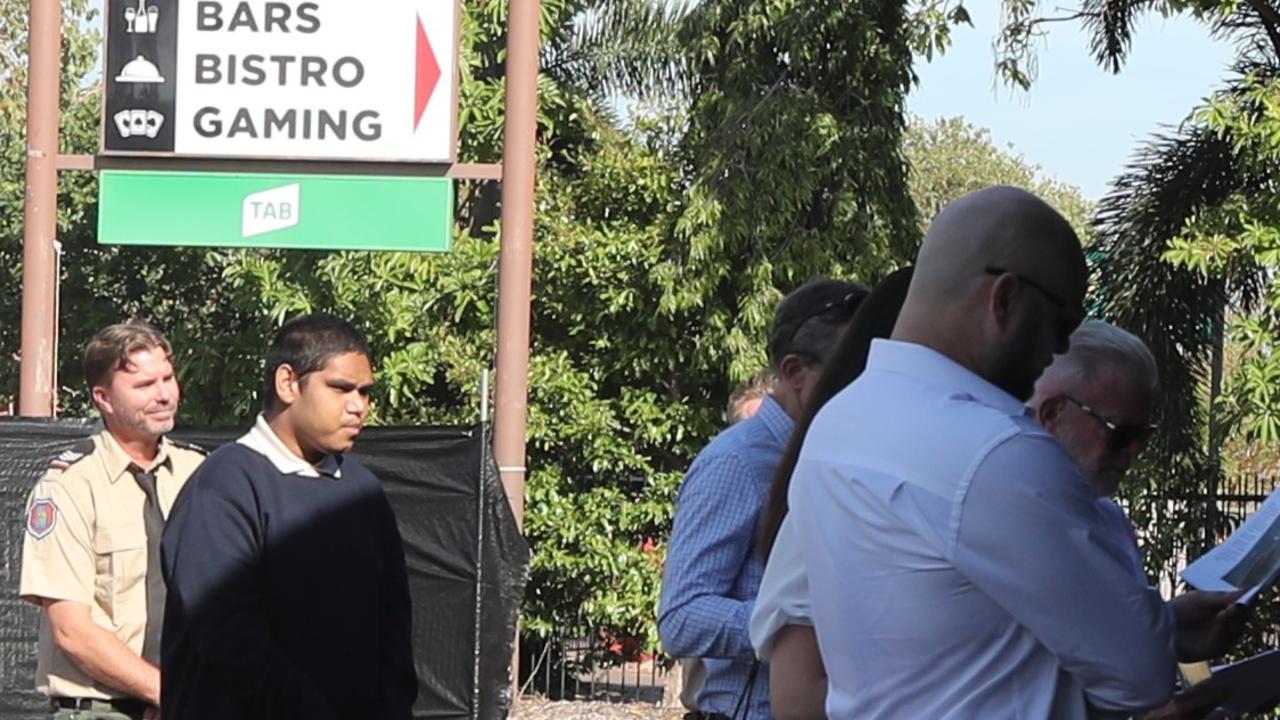 Keith Kerinauia, 20, walked with jurors, lawyers and Supreme Court Justice Graham Hiley through the BWS Airport Tavern where Declan Laverty was fatally stabbed on Sunday March 19, 2023. Picture: Zizi Averill