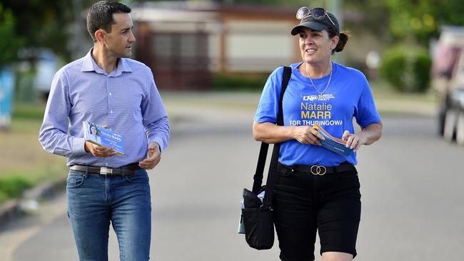 David Crisafulli and Natalie Marr door knock in the 2020 LNP election campaign. Picture: Craig Warhurst.