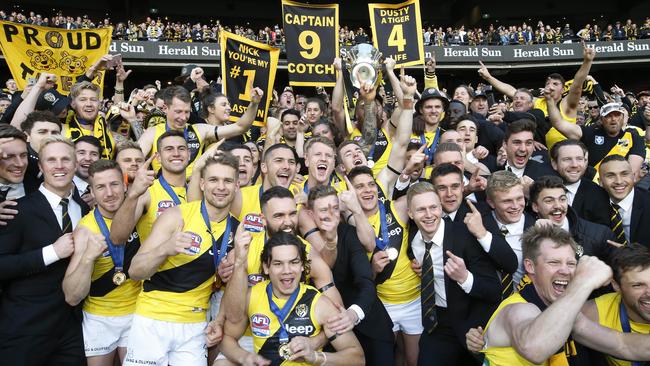 Richmond players celebrate after winning the 2017 Grand Final. Picture: David Caird