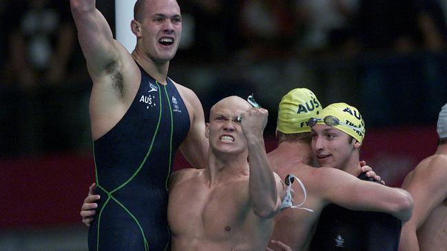 Australia celebrating the win in the mens 4x100m freestyle relay race at Sydney Olympic Games 16 Sep 2000.