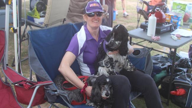 Backyard Buddies team members Meredith Pokarier with Aeryn, 12, and Olive, 3, taking a break during a Flyball competition. Picture: Meredith Pokarier/Facebook