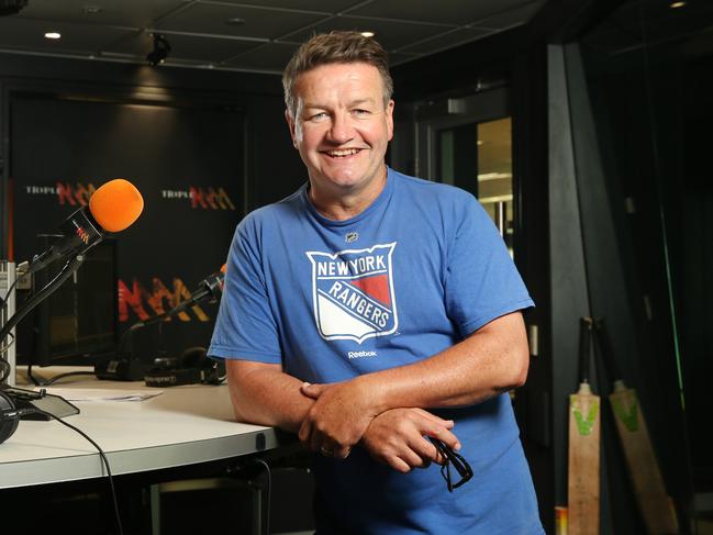 Comedian Lawrence Mooney in his Triple M Sydney studio. Picture: Richard Dobson