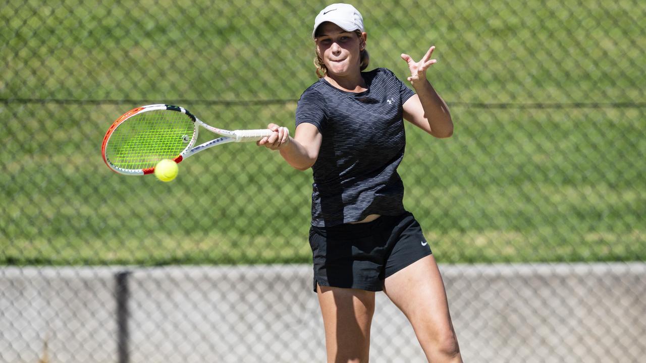 Juliet Santitto plays against Lara Walker in the Open Women's singles semi final of 2023 Opal Advice 91st Easter Gold Cup at Toowoomba Tennis Association. Picture: Kevin Farmer