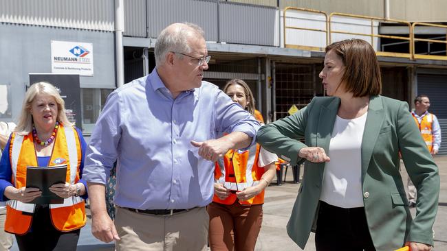 Prime Minister Scott Morrison and Queensland LNP opposition leader Deb Frecklington visit Neumann Steel on the Gold Coast. Picture: Sarah Marshall