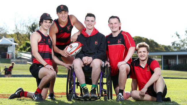 Conor Tweedy (centre) with Nick Aitken, Glen Vaihu, Jack Ruddy and Luke Benedetti from the Gregory Terrace First XV Squad. Picture: Tara Croser.