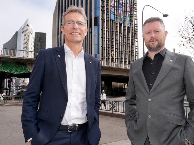 Adelaide University co-Vice Chancellors Professor Peter Hoj (University of Adelaide)(L), and Professor David Lloyd (University of South Australia). 6 August 2024. Picture: Dean Martin