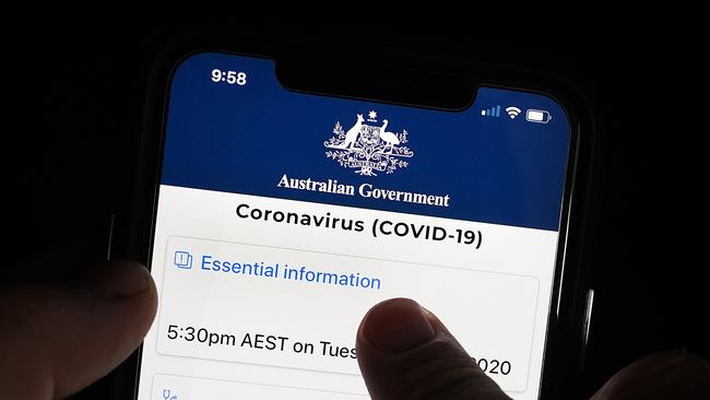 The Australian government coronavirus (COVID-19) app seen on a mobile phone. Picture: Dave Hunt/AAP