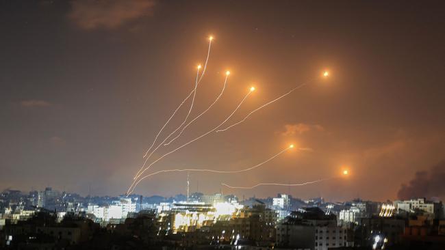 Israel's Iron Dome air defence system intercepts rockets launched from Gaza.