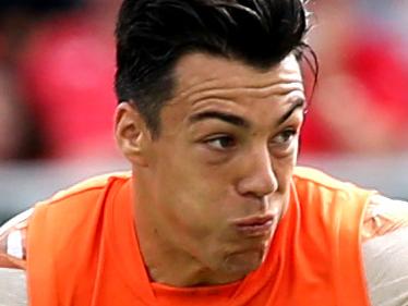 NAB Challenge match GWS Giants vs Sydney Swans at StarTrack Oval in Canberra. GWS Dylan Shiel and Swans Tom Mitchell.