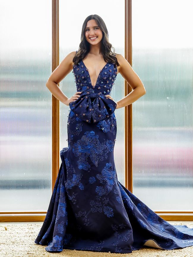 Grace Parish wears a Georgia Young gown ahead of Brownlow Medal night. Picture: Ian Currie