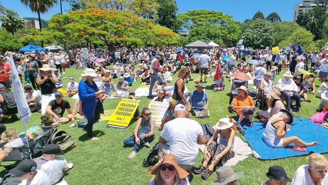Large crowds gather at Brisbane’s botanic gardens for freedom rally protests. Picture: Richard Walker