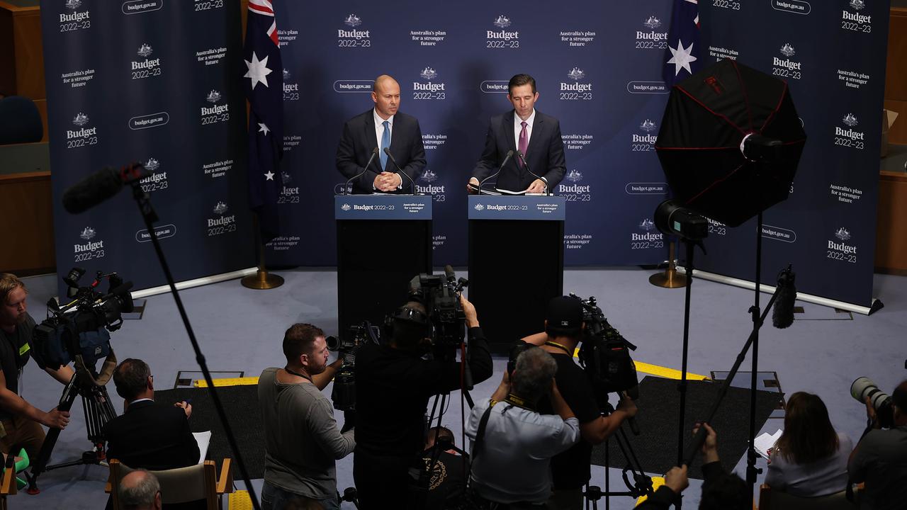 Treasurer Josh Frydenberg and Finance Minister Simon Birmingham at the 2022 Budget, in Parliament House, Canberra. Picture: NCA NewsWire/Gary Ramage