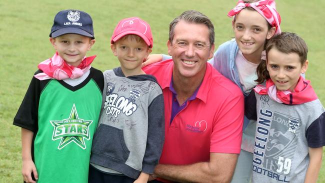 Glenn McGrath with young fans Zavier Hughes, Joshua, Indianna and Joel Severyn. Picture: Glenn Ferguson