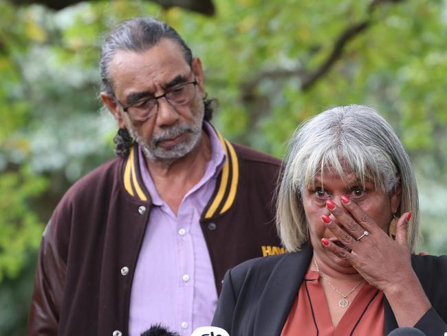 Mick Edwards and Eva Edwards react after the Premier announced $10 million will be invested to develop a scheme which will have Stolen Generations members and their families at its heart. Picture: David Crosling