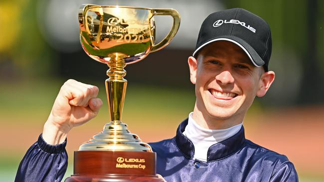 Jye McNeil after his surprise victory aboard Twilight Payment in the Melbourne Cup Picture: Getty Images